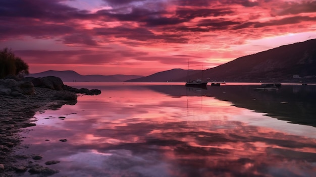 Um céu roxo com o sol se pondo sobre um lago com montanhas ao fundo.