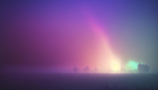 Um céu roxo e rosa com uma luz e uma casa branca ao fundo.