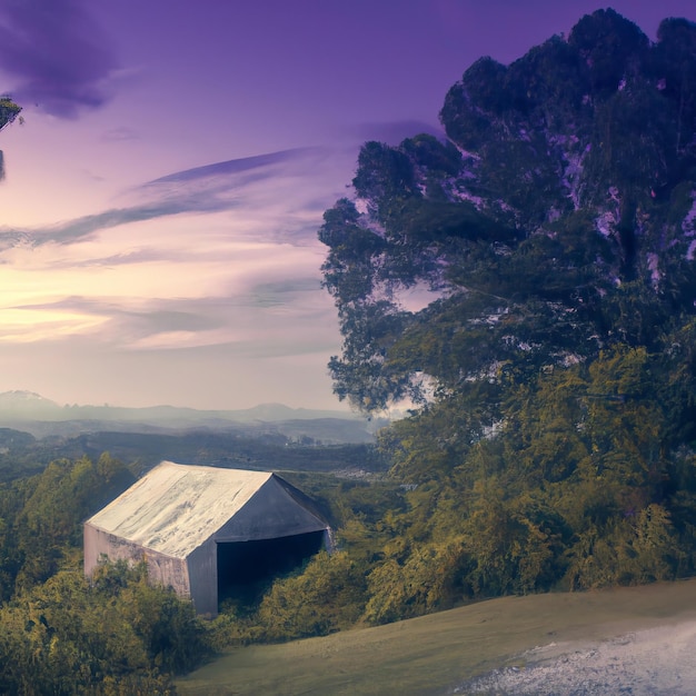 Um céu roxo e roxo com uma árvore em primeiro plano e um celeiro ao fundo.