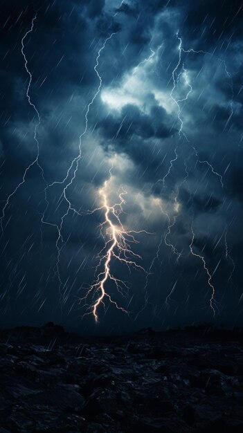 Um céu tempestuoso com várias nuvens para o chão raio ataca AI gerado