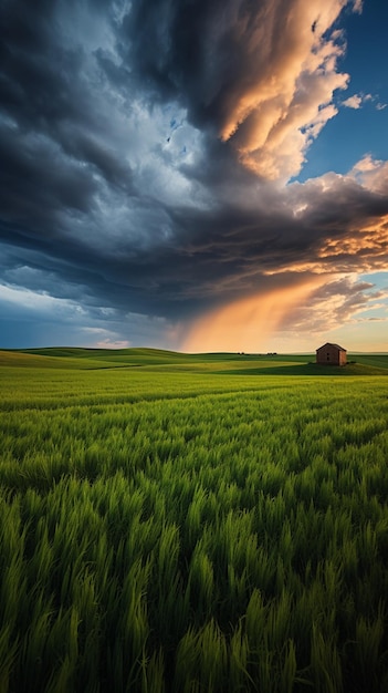 Um céu tempestuoso sobre um campo de trigo