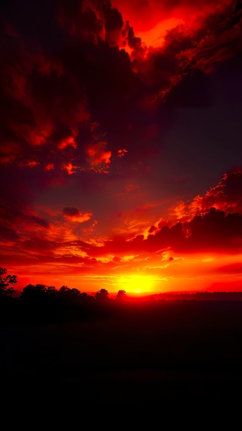 Um céu vermelho com nuvens e um pôr do sol ao fundo.