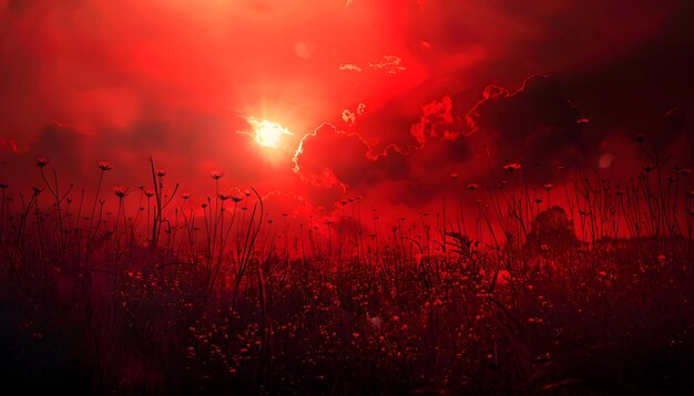 um céu vermelho com o sol a brilhar através das nuvens