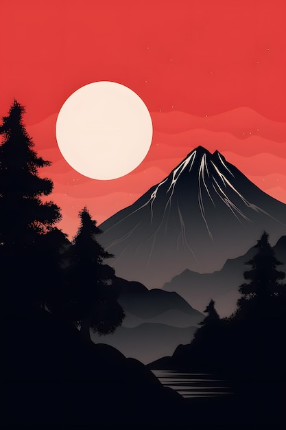 Foto um céu vermelho com uma montanha e o sol