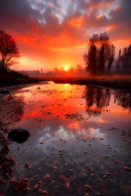 Um céu vermelho é refletido em uma poça de água.