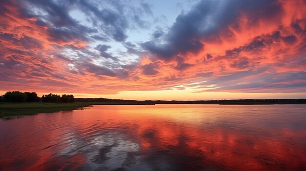 Um céu vívido de pôr-do-sol sobre um lago calmo