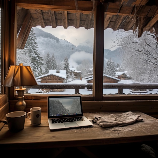 Um chalé suíço coberto de neve, um laptop sobre uma mesa de madeira perto de uma janela fosca