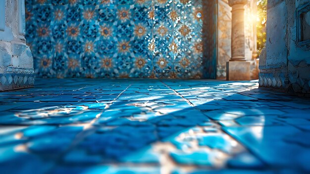 Foto um chão de azulejos azul com um desenho azul e dourado