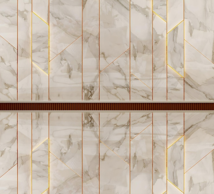 Foto um chão de mármore branco com acabamento dourado e uma faixa marrom