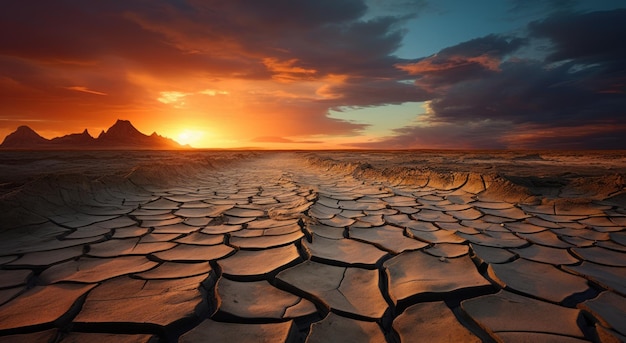 Foto um chão rachado com um pôr do sol ao fundo