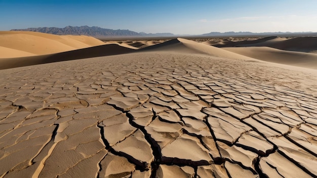 Foto um chão rachado do deserto repleto de rochas espalhadas e cercado por dunas de areia