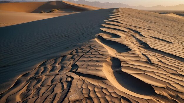 Foto um chão rachado do deserto repleto de rochas espalhadas e cercado por dunas de areia