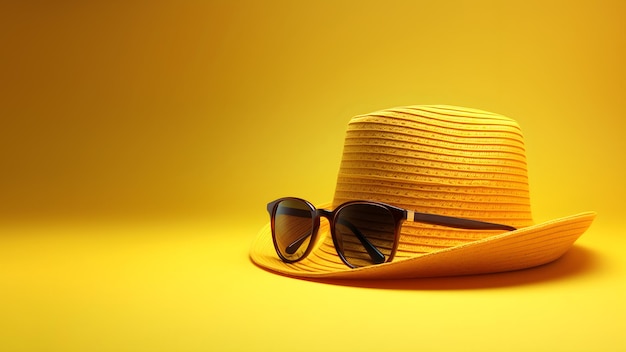 Um chapéu amarelo com óculos de sol em fundo amarelo