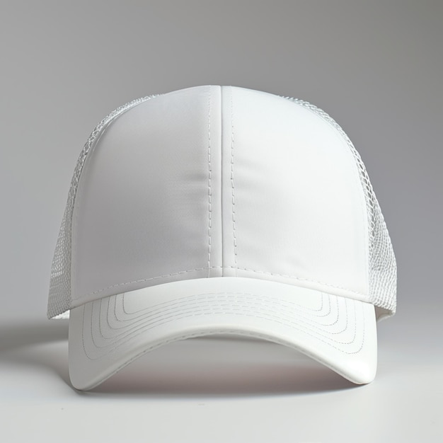 Um chapéu branco elegante de caminhoneiro se destaca em um fundo simples