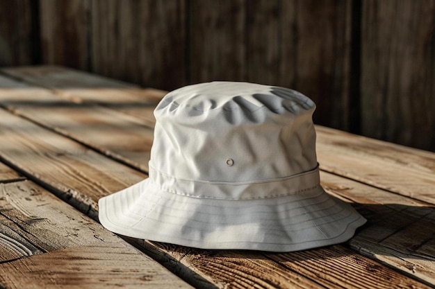 um chapéu branco sentado em cima de uma mesa de madeira