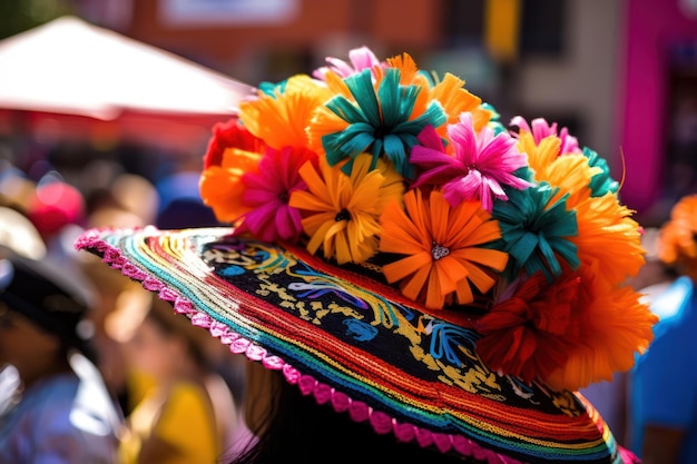 Um chapéu colorido com uma flor colorida