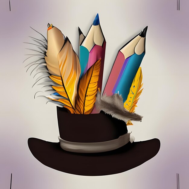 Foto um chapéu com penas de lápis e uma borda de