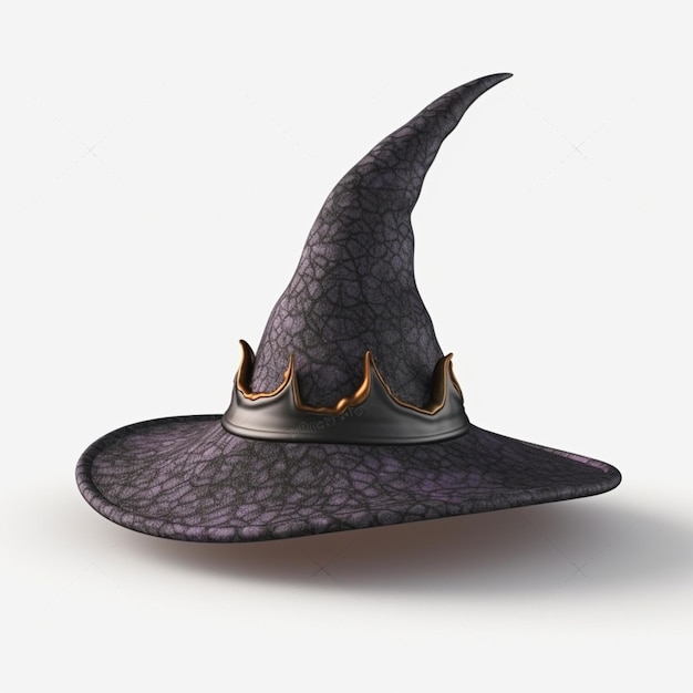 Um chapéu de bruxa com detalhes em ouro é exibido em um fundo branco