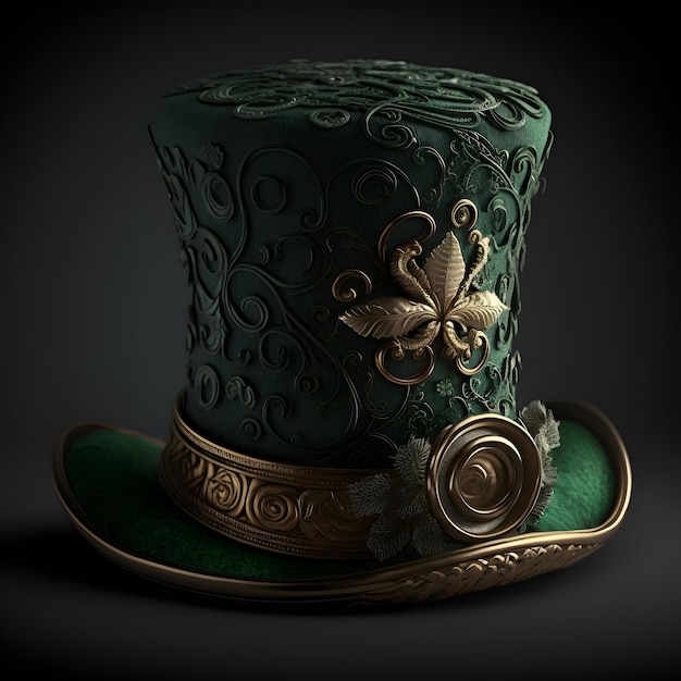 Um chapéu de coco verde com detalhes dourados e uma flor.
