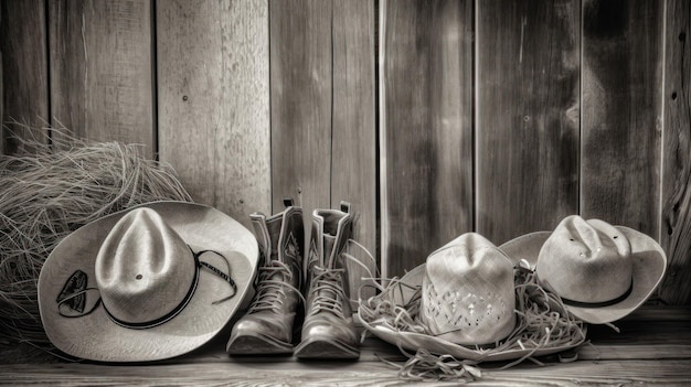 Foto um chapéu de cowboy e botas estão sobre uma mesa ao lado de uma cerca.