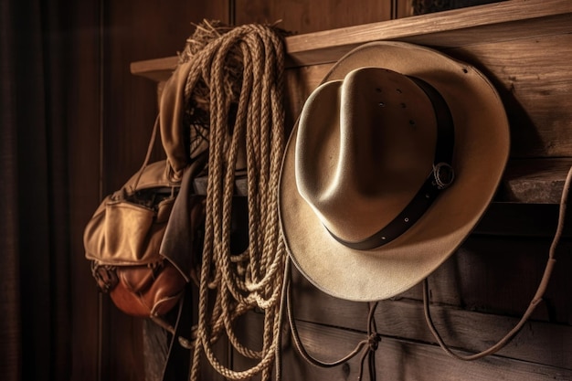 Foto um chapéu de cowboy e uma corda pendurados em uma estaca em uma cabana criada com ia generativa