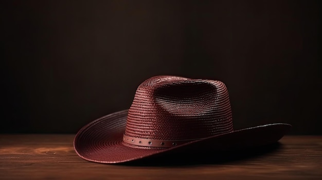 Um chapéu de cowboy está sobre uma mesa de madeira.