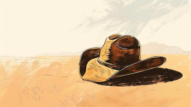 Um chapéu de cowboy repousa no chão no meio de um vasto deserto o chapéu é feito de couro castanho e tem uma borda larga