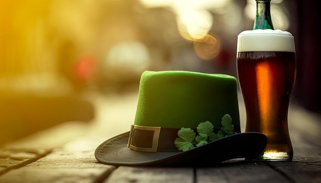 Um chapéu de duende e um copo de cerveja em uma mesa Dia de São Patrício Generative AI