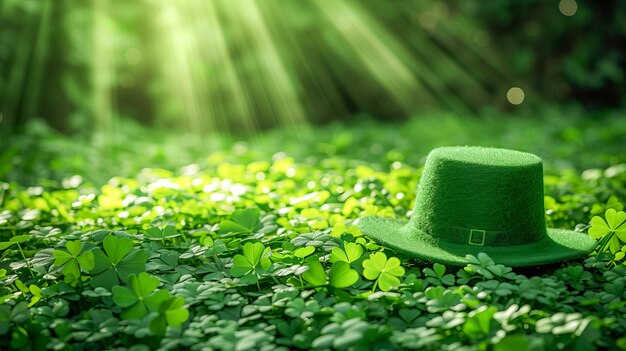 Um chapéu de duende verde está entre as folhas de trevo na floresta gerada pela IA