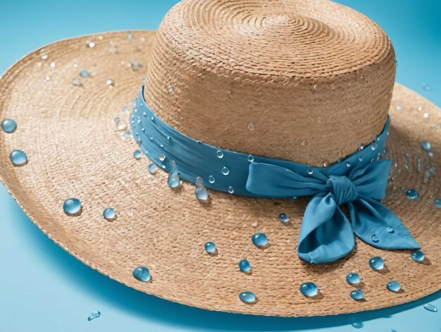 Um chapéu de palha com uma fita azul ao redor da borda