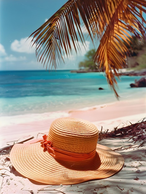Um chapéu de palha senta-se na praia sob uma palmeira