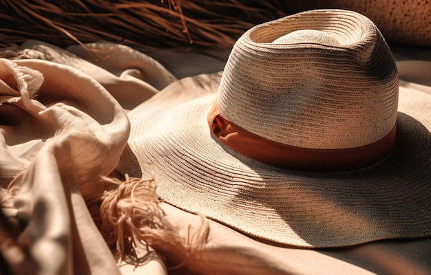 Um chapéu de palha sentado em uma toalha de praia vazia