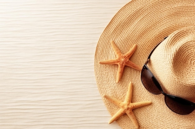 Um chapéu de sol uma estrela do mar em um fundo branco O conceito de férias de verão Generative AI
