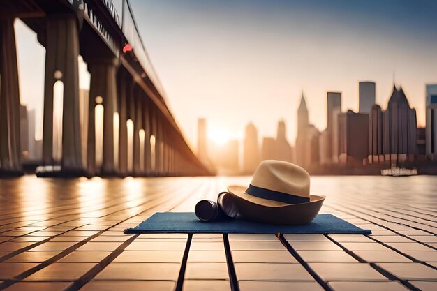 Um chapéu e binóculos em um tapete de ioga com uma cidade ao fundo