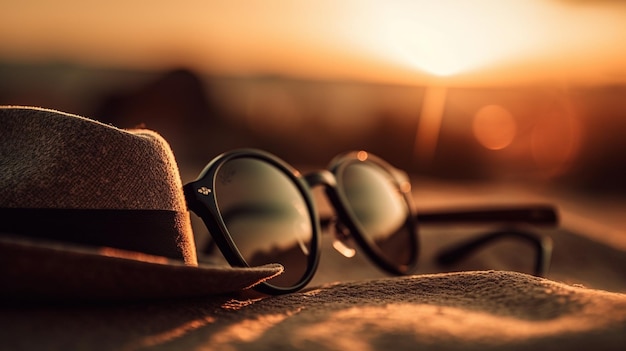 Um chapéu e óculos de sol estão em uma praia com o sol se pondo atrás deles.