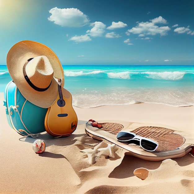 Um chapéu e óculos de sol na praia com uma guitarra