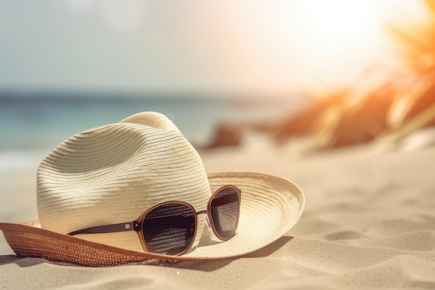 Um chapéu e óculos de sol na praia