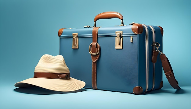 um chapéu e um chapéu sentados ao lado de uma mala azul