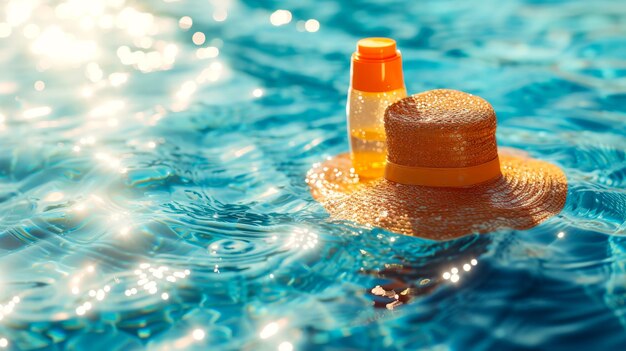 Um chapéu e uma garrafa de protetor solar estão flutuando em uma piscina