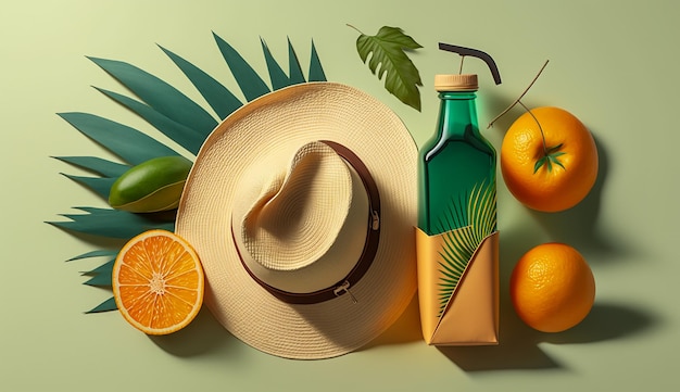 Um chapéu e uma garrafa de suco de laranja estão em um fundo verde Generative Ai