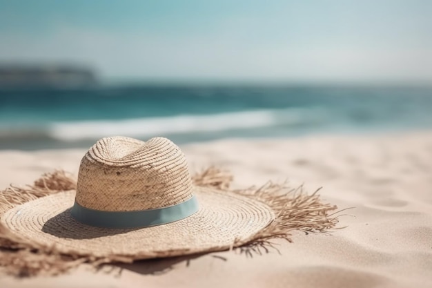 Um chapéu em uma praia com o oceano ao fundo