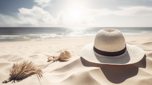 Um chapéu em uma praia com uma concha na areia