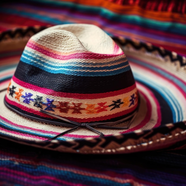 Um chapéu mexicano colorido está em um cobertor colorido.