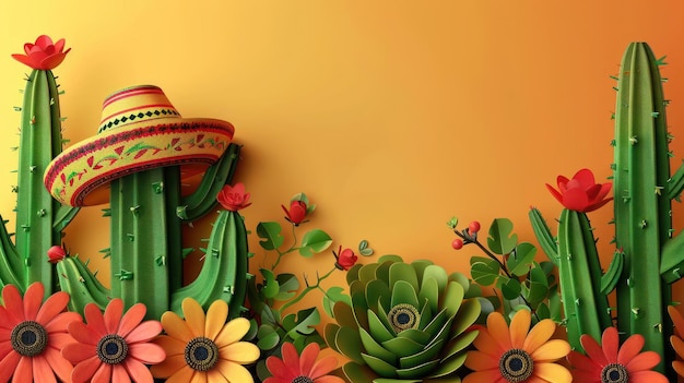 Foto um chapéu mexicano é colocado em cima de um cacto cercado de flores e cactos