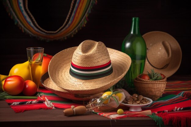 Um chapéu mexicano está sobre uma mesa com uma garrafa de suco de laranja.