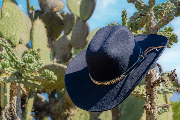 Foto um chapéu preto com uma faixa de ouro está pendurado em um cacto no deserto