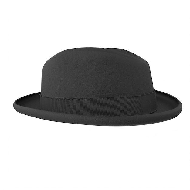 Um chapéu preto com uma faixa preta é exibido contra um fundo branco.
