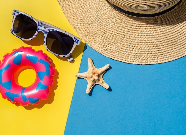 Um chapéu, uma estrela do mar e uma estrela do mar estão em um fundo azul e amarelo gerado por ai