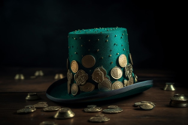 Um chapéu verde com moedas de ouro e prata nele