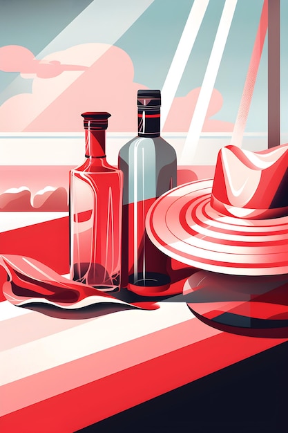 Um chapéu vermelho e uma garrafa de vinho sobre uma mesa
